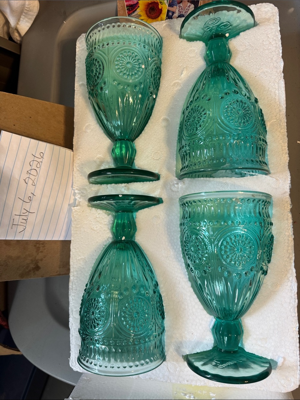 Adeline Set of Four 12 oz Teal Pressed Glass Goblets pioneer woman NIB